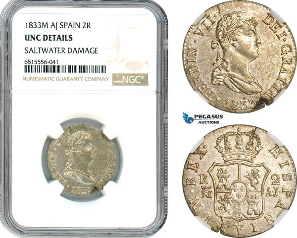 AI001, Spain, Ferdinand VII, 2 Reales 1833 M AJ, Madrid Mint, Silver, NGC UNC Det.