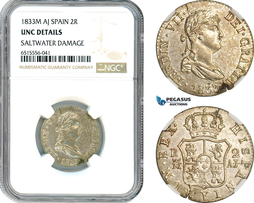 AI001, Spain, Ferdinand VII, 2 Reales 1833 M AJ, Madrid Mint, Silver, NGC UNC Det.
