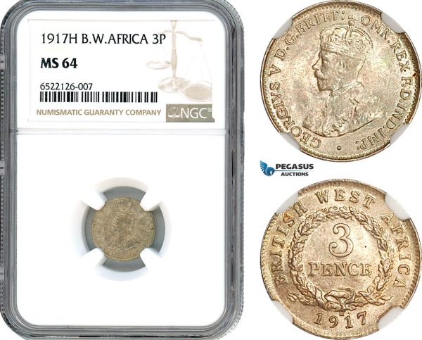 AI038, British West Africa, George V, 3 Pence 1917 H, Heaton Mint, Silver, NGC MS64, Pop 1/1
