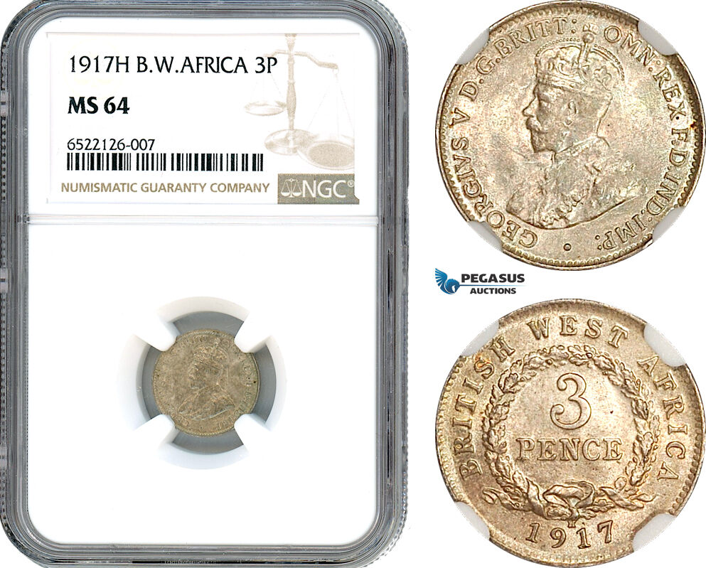 AI038, British West Africa, George V, 3 Pence 1917 H, Heaton Mint, Silver, NGC MS64, Pop 1/1