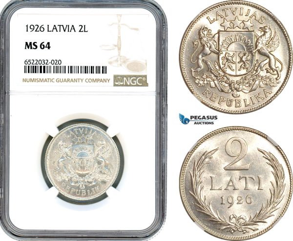 AI083, Latvia, 2 Lati 1926, London Mint, Silver, NGC MS64