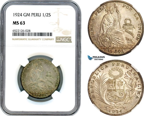 AI086, Peru, 1/2 Sol 1924 GM, Lima Mint, Silver, NGC MS63