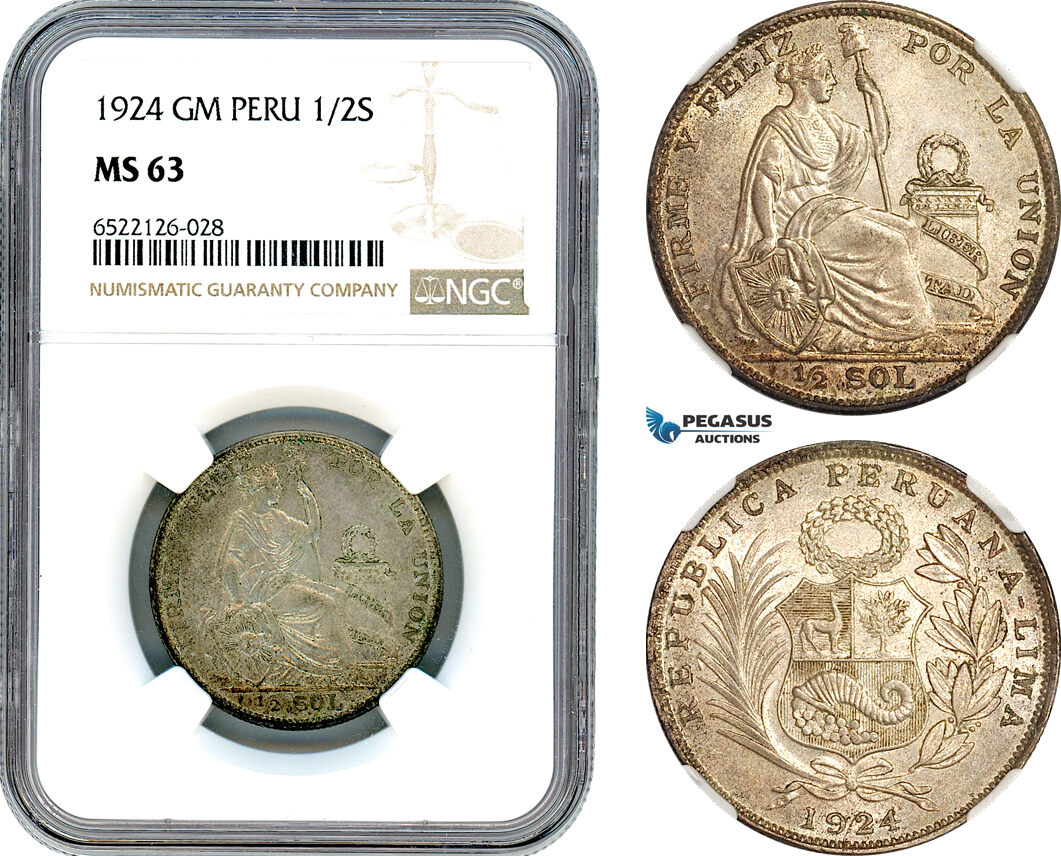 AI086, Peru, 1/2 Sol 1924 GM, Lima Mint, Silver, NGC MS63