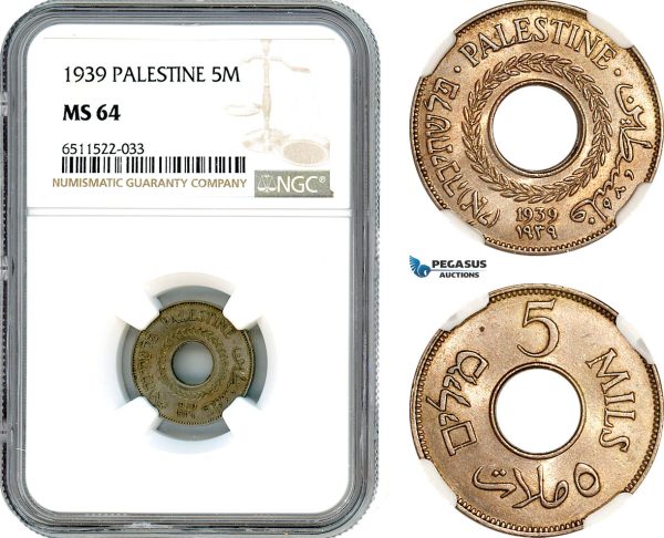 AI088, Palestine, 5 Mils 1939, London Mint, NGC MS64