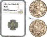 AI124, Switzerland, 10 Rappen 1908 B, Bern Mint, NGC MS65