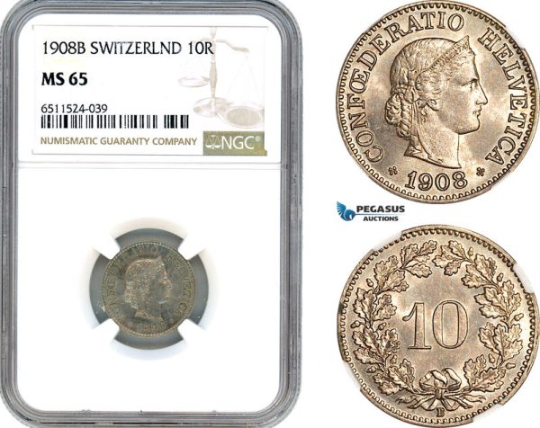 AI124, Switzerland, 10 Rappen 1908 B, Bern Mint, NGC MS65