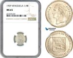 AI125, Venezuela, 1/4 Bolivar 1929, Silver, NGC MS65