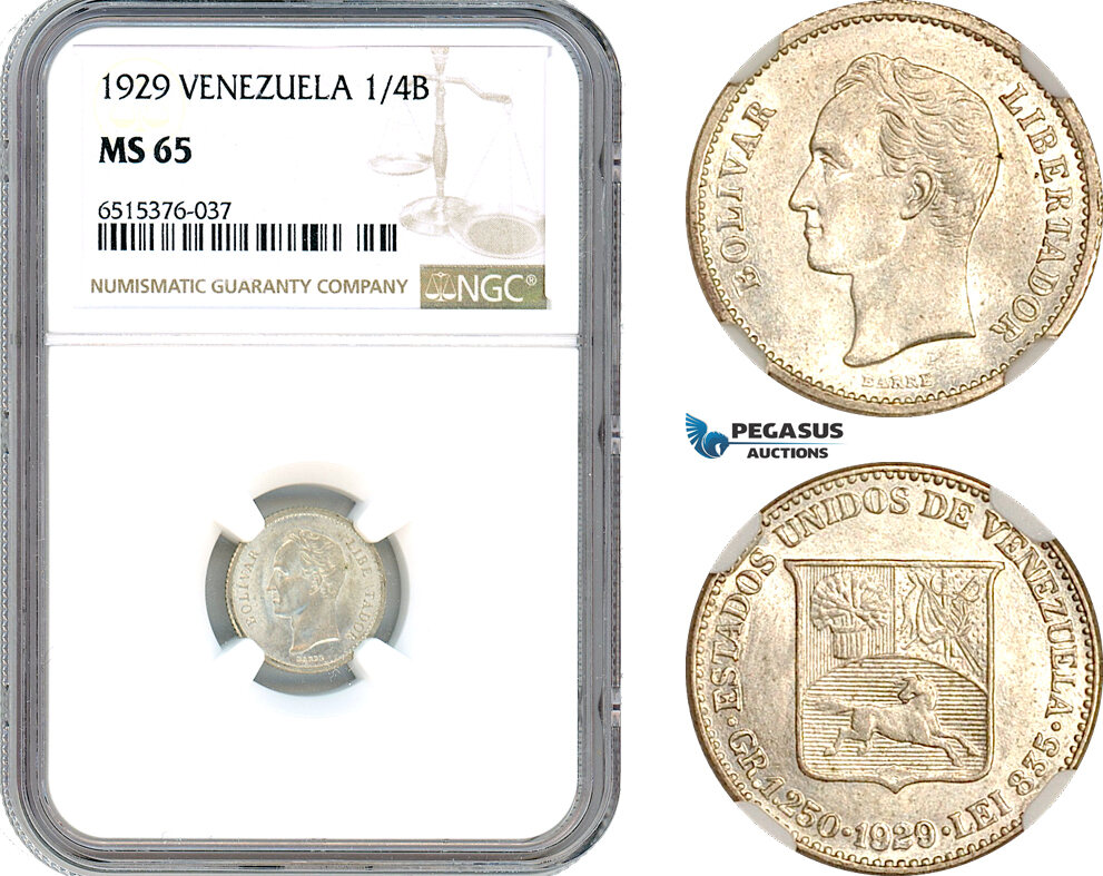AI125, Venezuela, 1/4 Bolivar 1929, Silver, NGC MS65