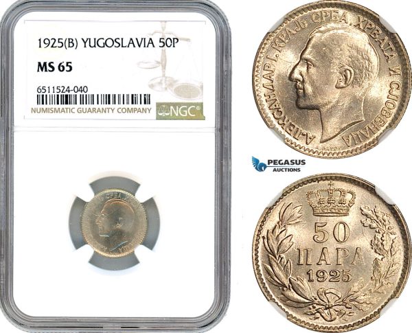 AI127, Yugoslavia, Alexander I, 50 Para 1925 B, Brussels Mint, NGC MS65
