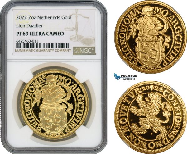 AI196, Netherlands, Holland, Lion Daalder (Dollar) Medal (2 oz) 2022 R, Houten Mint, Gold KM# -, Mintage 10pcs, This #8, NGC PF69 Ultra Cameo, includes COA+ Original box!