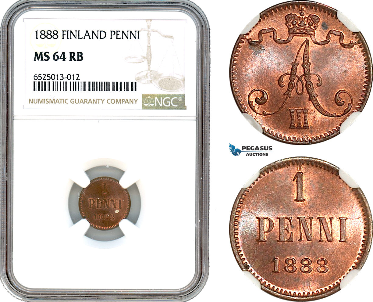 AI231, Finland, Alexander III. of Russia, 1 Penni 1888, Helsinki Mint, NGC MS64RB