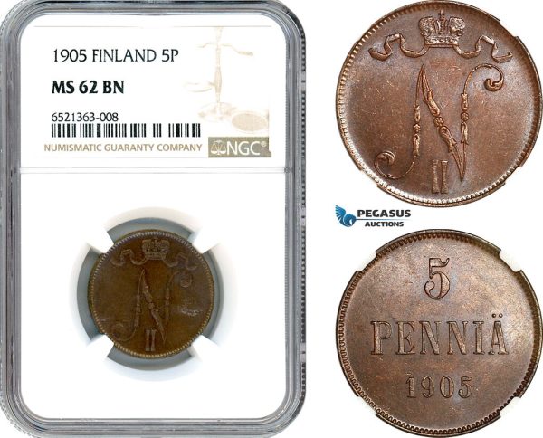 AI232, Finland, Nicholas II. of Russia, 5 Penniä 1908, Helsinki Mint, NGC MS62BN