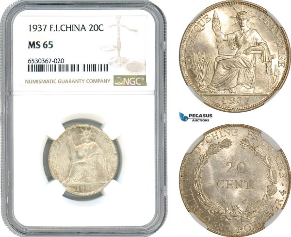 AI241, French Indo-China, 20 Centimes 1937, Paris Mint, Silver, NGC MS65