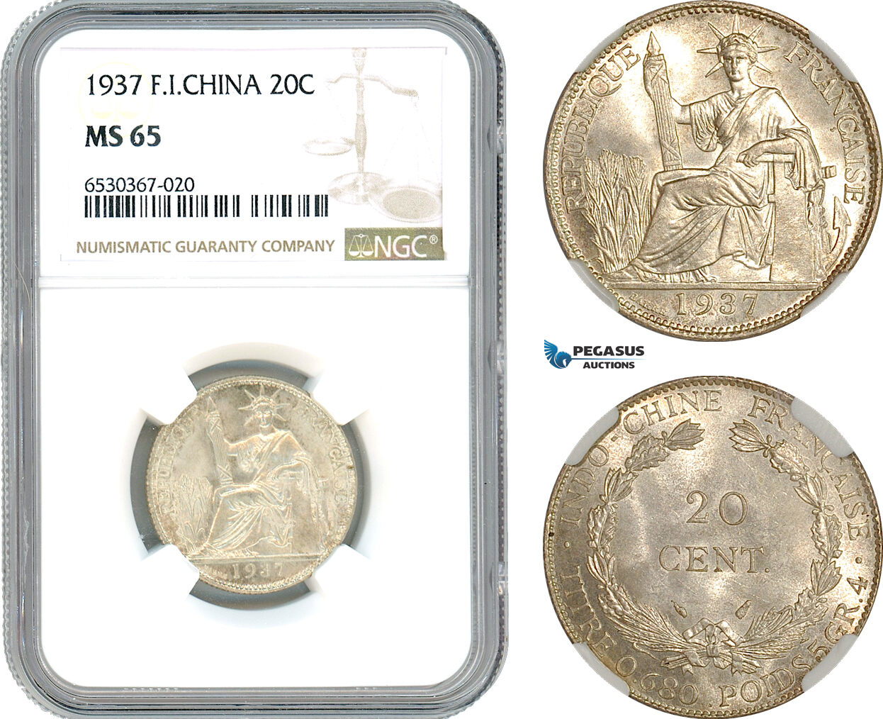 AI241, French Indo-China, 20 Centimes 1937, Paris Mint, Silver, NGC MS65