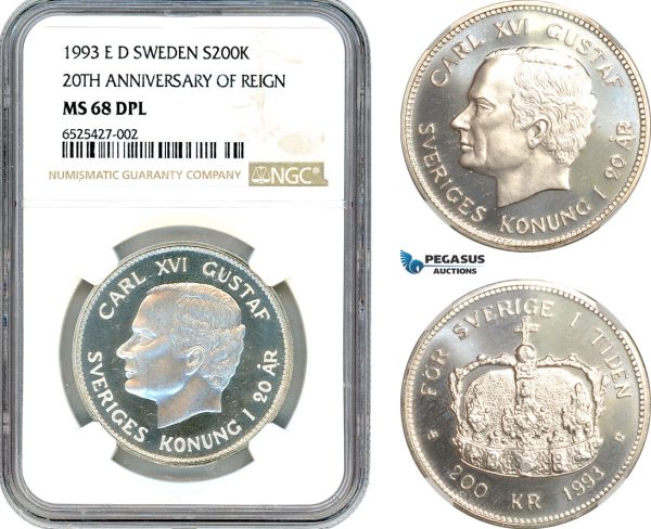 AI302, Sweden, Carl XVI Gustaf, 200 Kronor 1993, 20 Anniversary of Reign, Silver, NGC MS68DPL