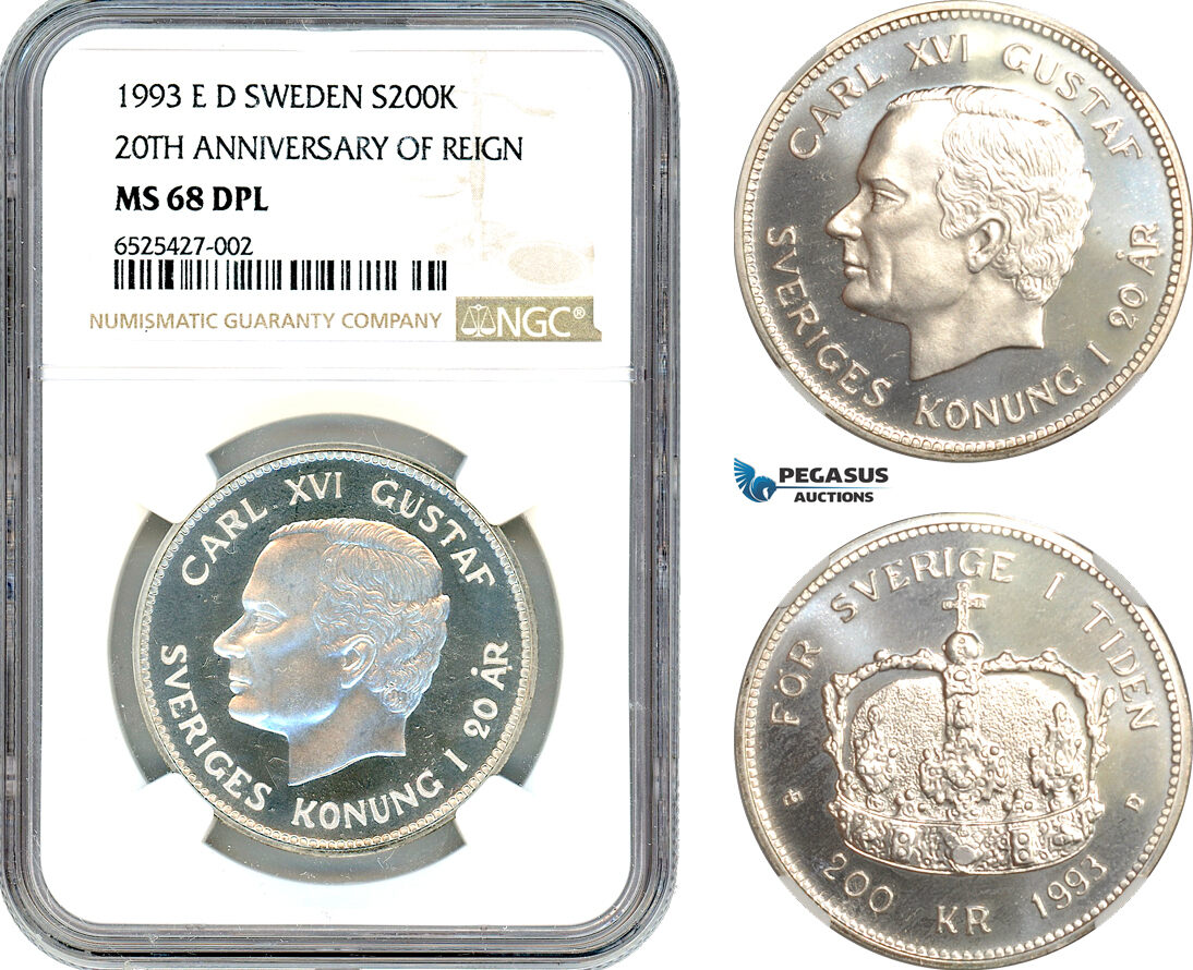 AI302, Sweden, Carl XVI Gustaf, 200 Kronor 1993, 20 Anniversary of Reign, Silver, NGC MS68DPL