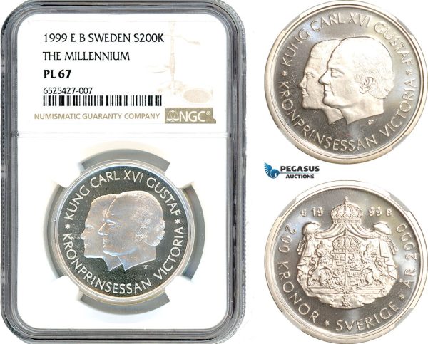 AI307, Sweden, Carl XVI Gustaf, 200 Kronor 1999 EB, The Millennium, Silver, NGC PL67