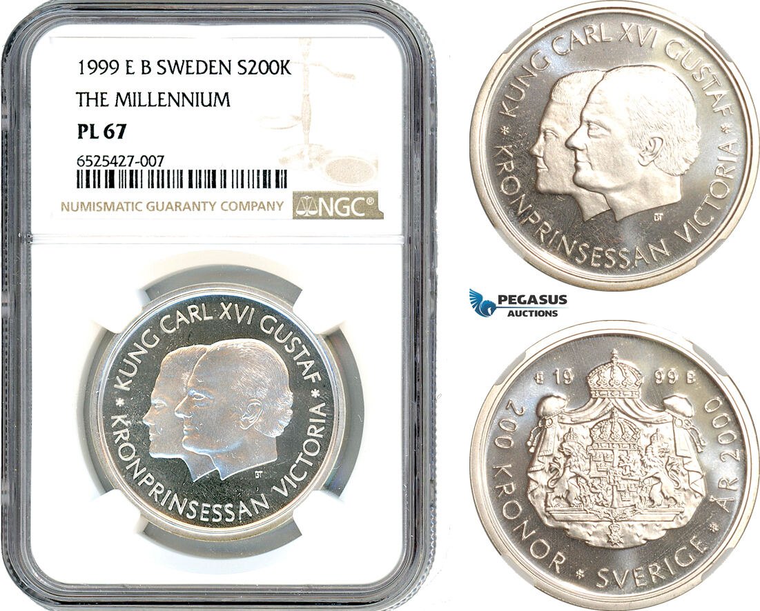 AI307, Sweden, Carl XVI Gustaf, 200 Kronor 1999 EB, The Millennium, Silver, NGC PL67