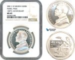 AI308, Sweden, Carl XVI Gustaf, 200 Kronor 2001 EB, Nobel Prize 100th Anniversary, Silver, NGC MS69