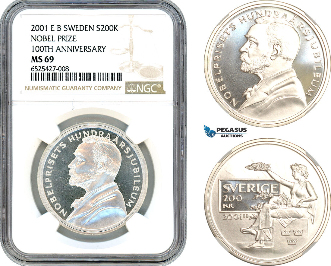 AI308, Sweden, Carl XVI Gustaf, 200 Kronor 2001 EB, Nobel Prize 100th Anniversary, Silver, NGC MS69