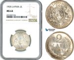 AI356, Latvia, 2 Lati 1925, London Mint, Silver, NGC MS64