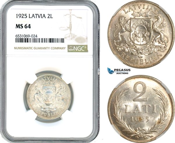 AI356, Latvia, 2 Lati 1925, London Mint, Silver, NGC MS64