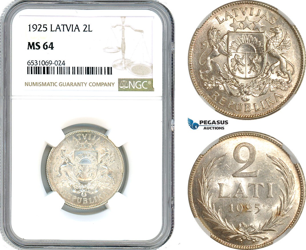 AI356, Latvia, 2 Lati 1925, London Mint, Silver, NGC MS64