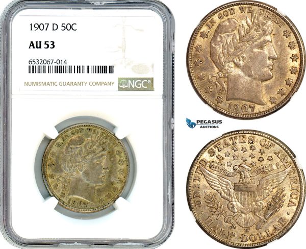 AI386, United States, Barber Half Dollar (50C.) 1907 D, Denver Mint, Silver, NGC AU53