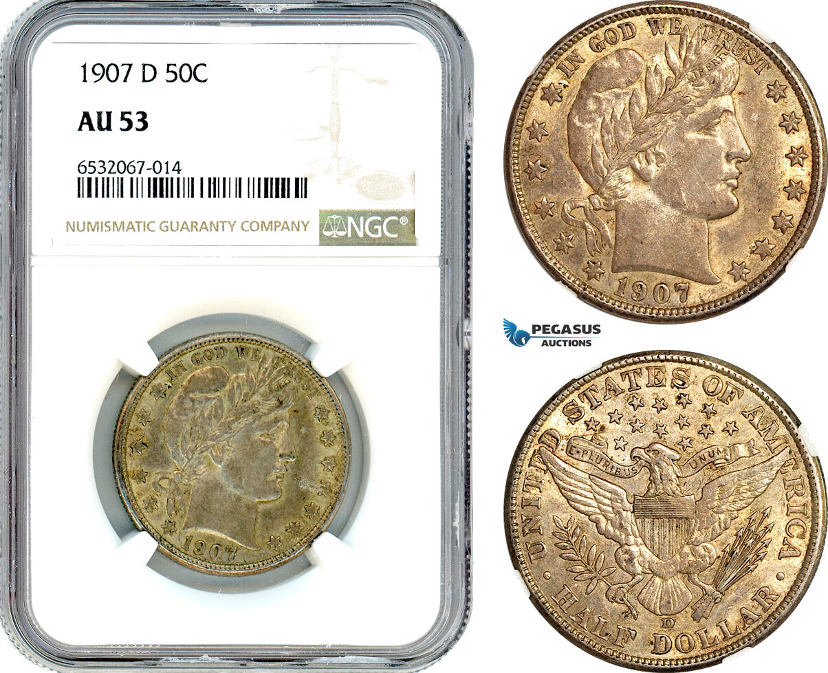 AI386, United States, Barber Half Dollar (50C.) 1907 D, Denver Mint, Silver, NGC AU53