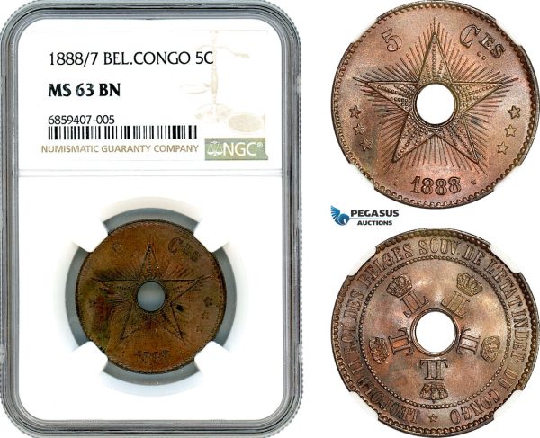AI413, Belgian Congo, Leopold II, 5 Centimes 1888/7, NGC MS63BN