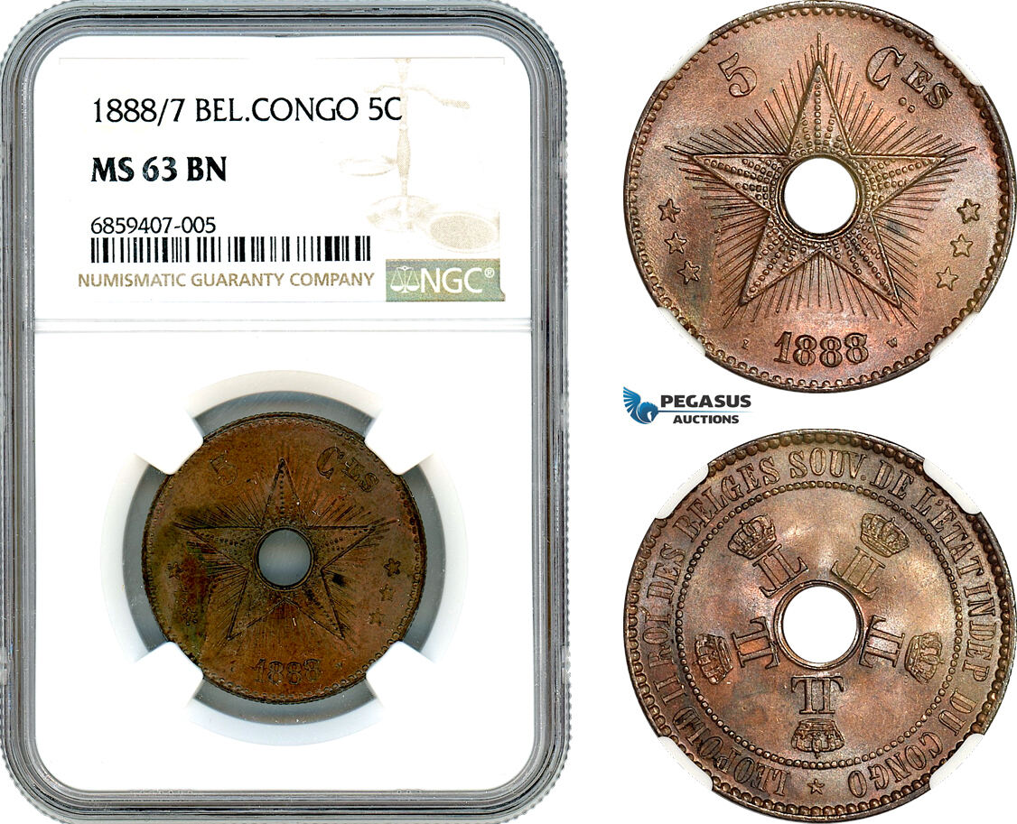 AI413, Belgian Congo, Leopold II, 5 Centimes 1888/7, NGC MS63BN