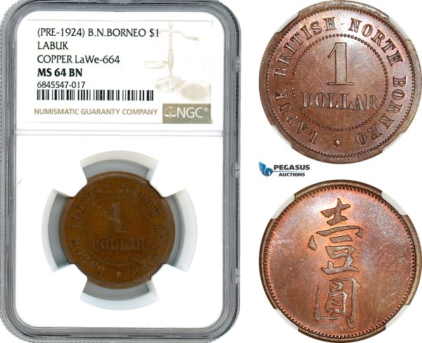AI420, British North Borneo, 1 Dollar ND, Pre 1924, Labuk, Copper, LaWe-664, NGC PF64BN