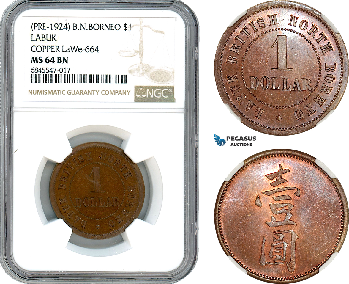 AI420, British North Borneo, 1 Dollar ND, Pre 1924, Labuk, Copper, LaWe-664, NGC PF64BN