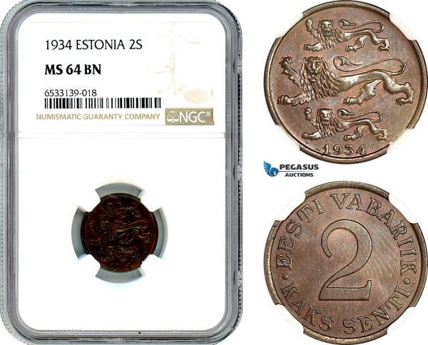 AI432, Estonia, 2 Senti 1934, NGC MS64BN