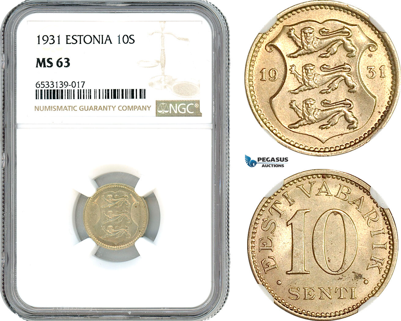 AI433, Estonia, 10 Senti 1931, NGC MS63