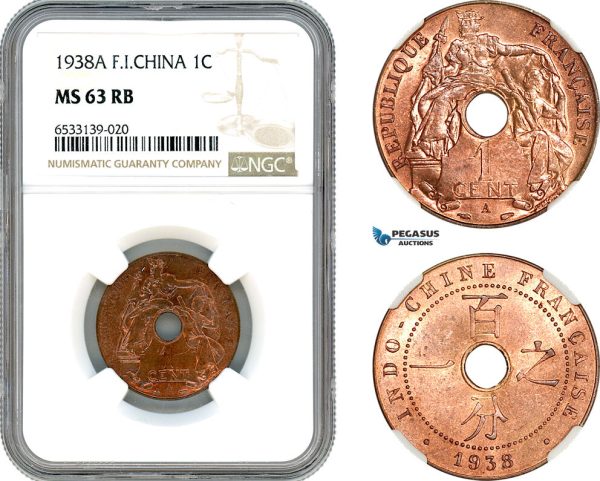 AI434, French Indo-China, 1 Centime 1938 A, Paris Mint, NGC MS63RB