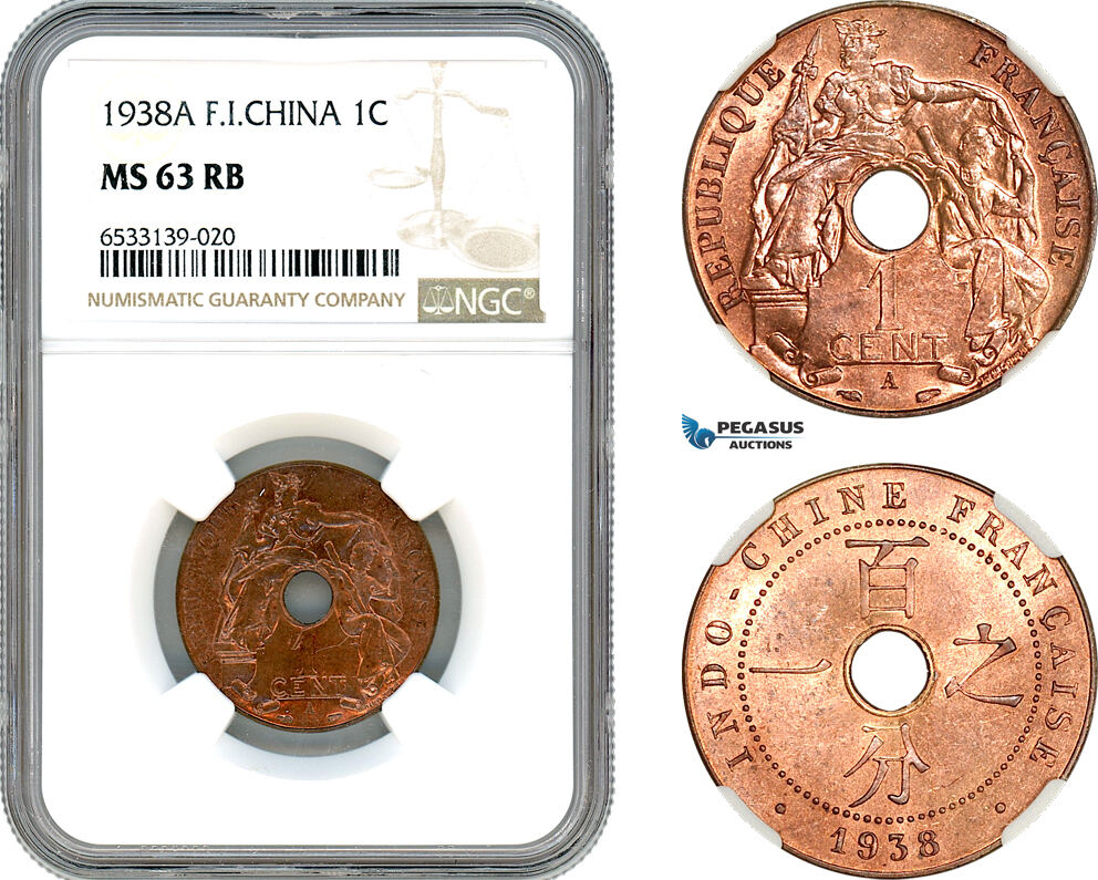 AI434, French Indo-China, 1 Centime 1938 A, Paris Mint, NGC MS63RB