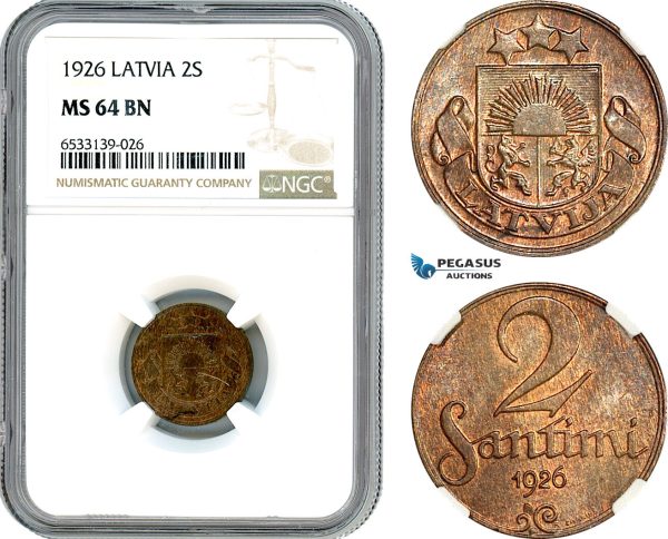 AI442, Latvia, 2 Santimi 1926, NGC MS64BN