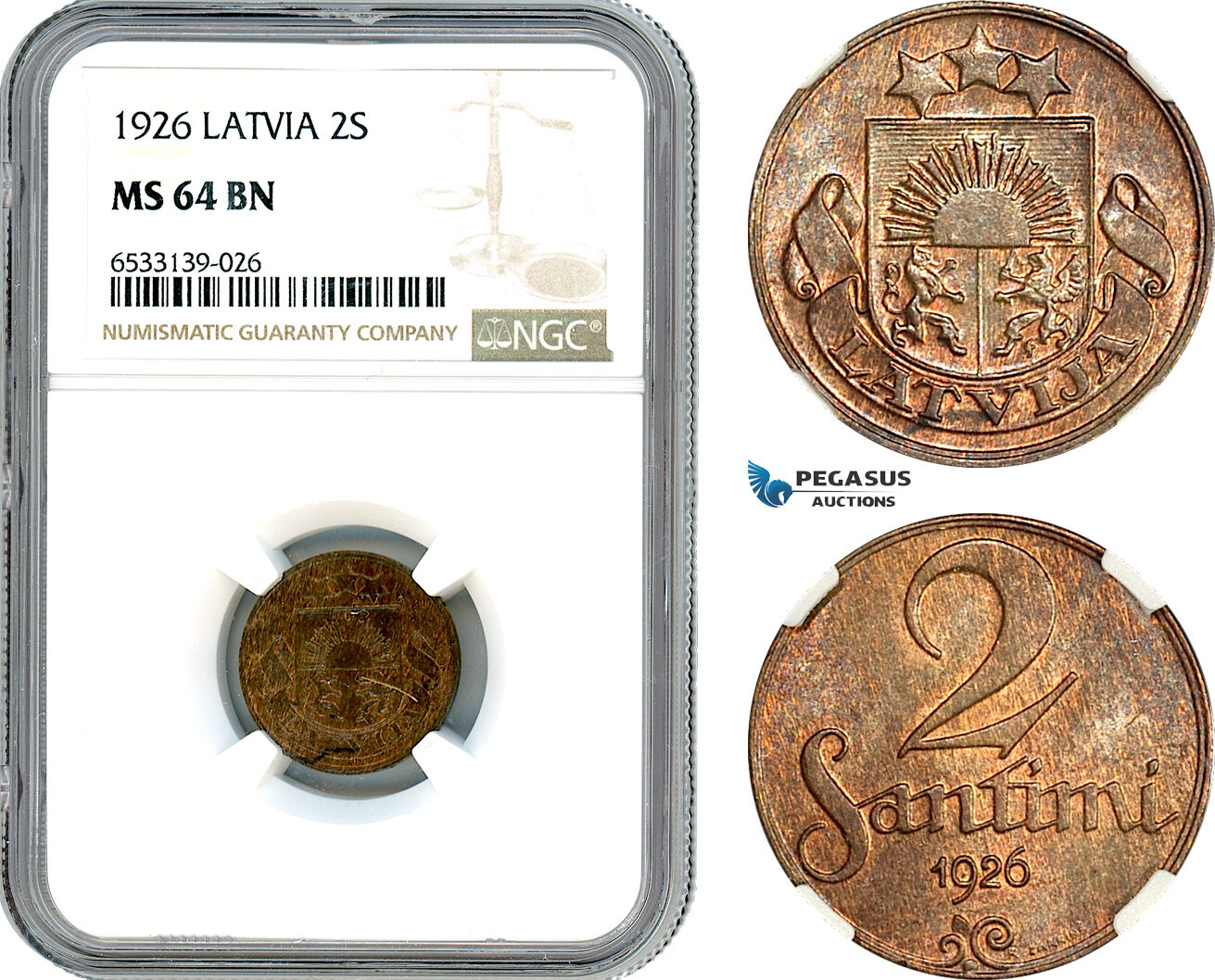 AI442, Latvia, 2 Santimi 1926, NGC MS64BN
