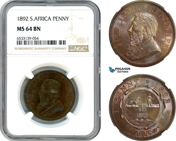 AI474, South Africa (ZAR) 1 Penny 1892, Berlin Mint, NGC MS64BN