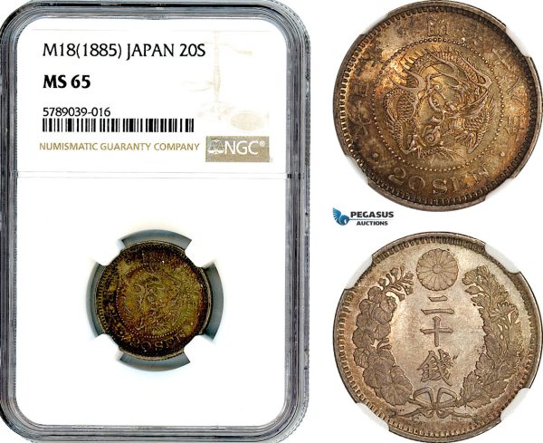 AI506, Japan, Meiji, 20 Sen M18 (1885) Silver, NGC MS65