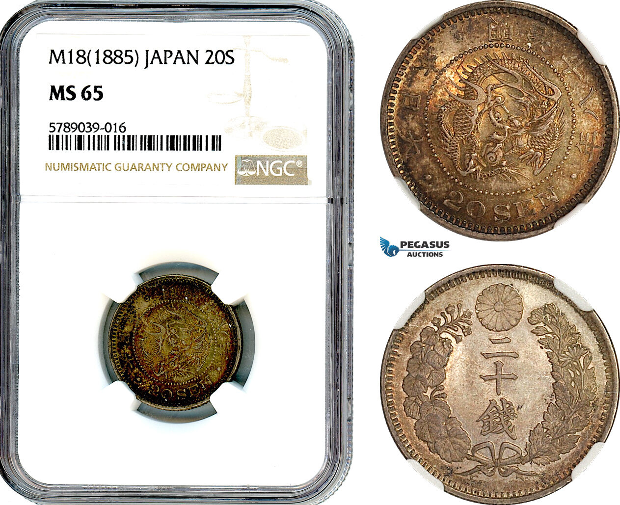 AI506, Japan, Meiji, 20 Sen M18 (1885) Silver, NGC MS65