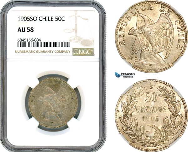 AI517, Chile, 50 Centavos 1905 SO, Santiago Mint, Silver, NGC AU58