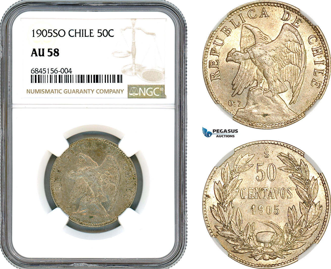 AI517, Chile, 50 Centavos 1905 SO, Santiago Mint, Silver, NGC AU58