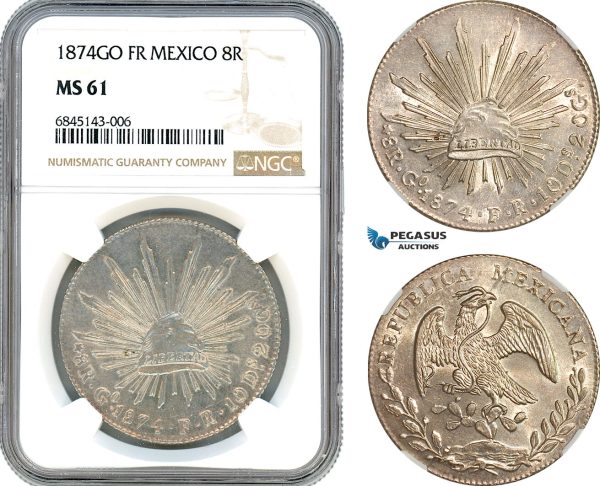 AI529, Mexico, 8 Reales 1874 Go FR, Guanajuato Mint, Silver, NGC MS61