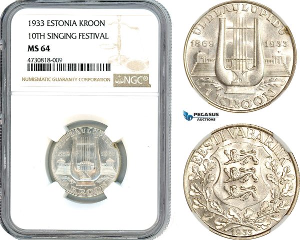 AI543, Estonia, 1 Kroon 1933, Singing Festival, Silver, NGC MS64