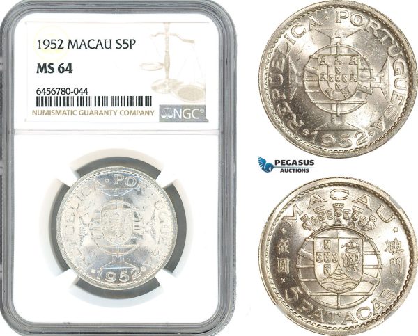 AI558, Macau (Portuguese Colony) 5 Patacas 1952, Silver, NGC MS64