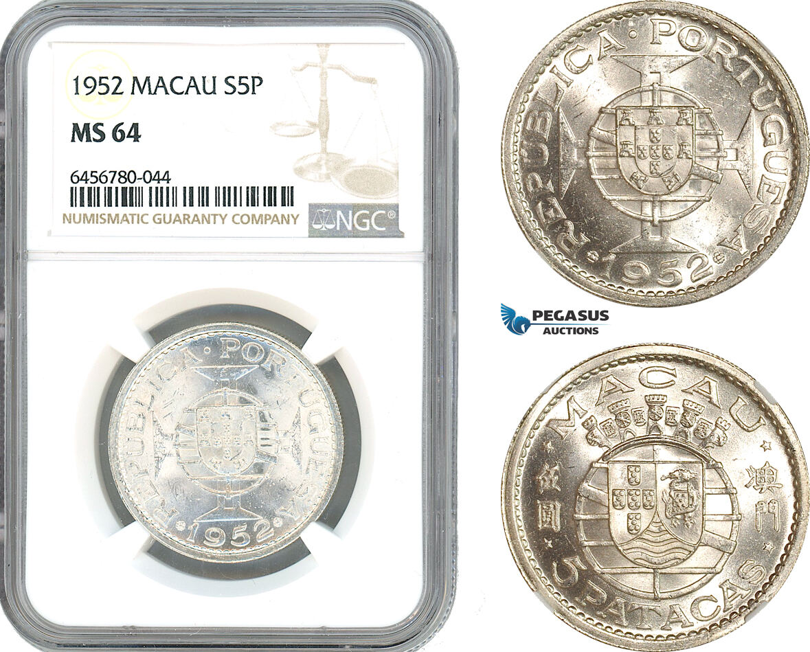AI558, Macau (Portuguese Colony) 5 Patacas 1952, Silver, NGC MS64