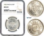 AI561, Macau (Portuguese Colony) 5 Patacas 1952, Silver, NGC MS65+