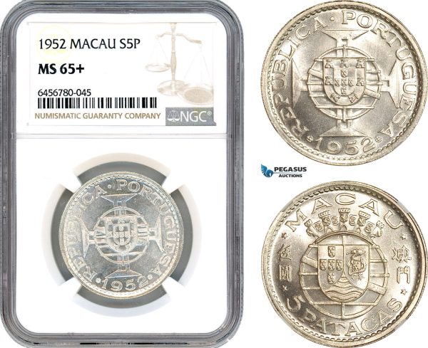 AI561, Macau (Portuguese Colony) 5 Patacas 1952, Silver, NGC MS65+